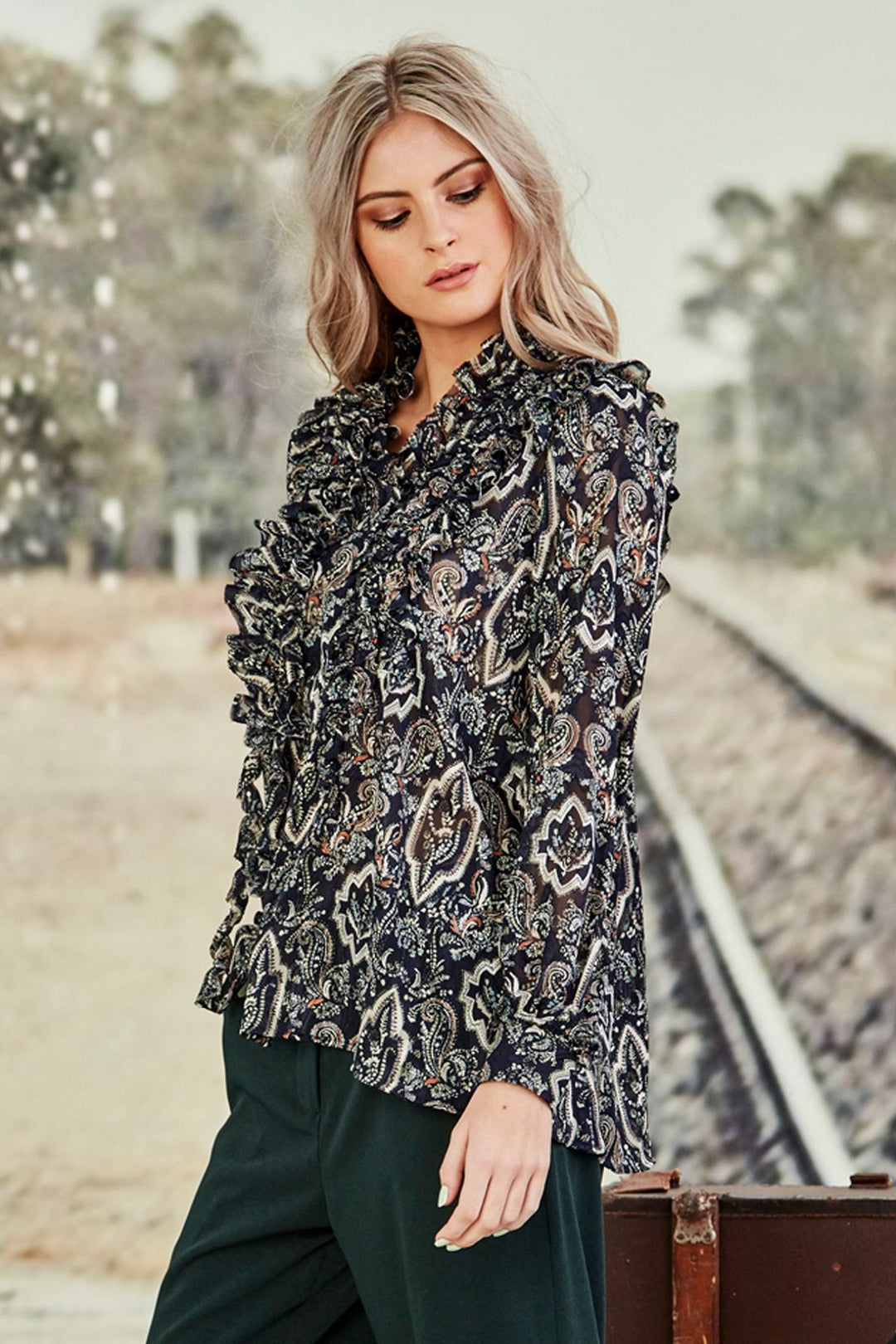 Ruffle My Feathers Blouse in Navy Paisley